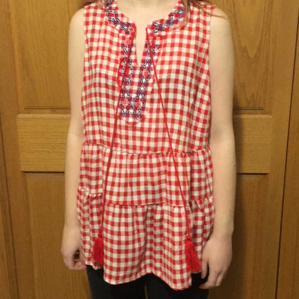 Red and White Checkered Flowy Blouse